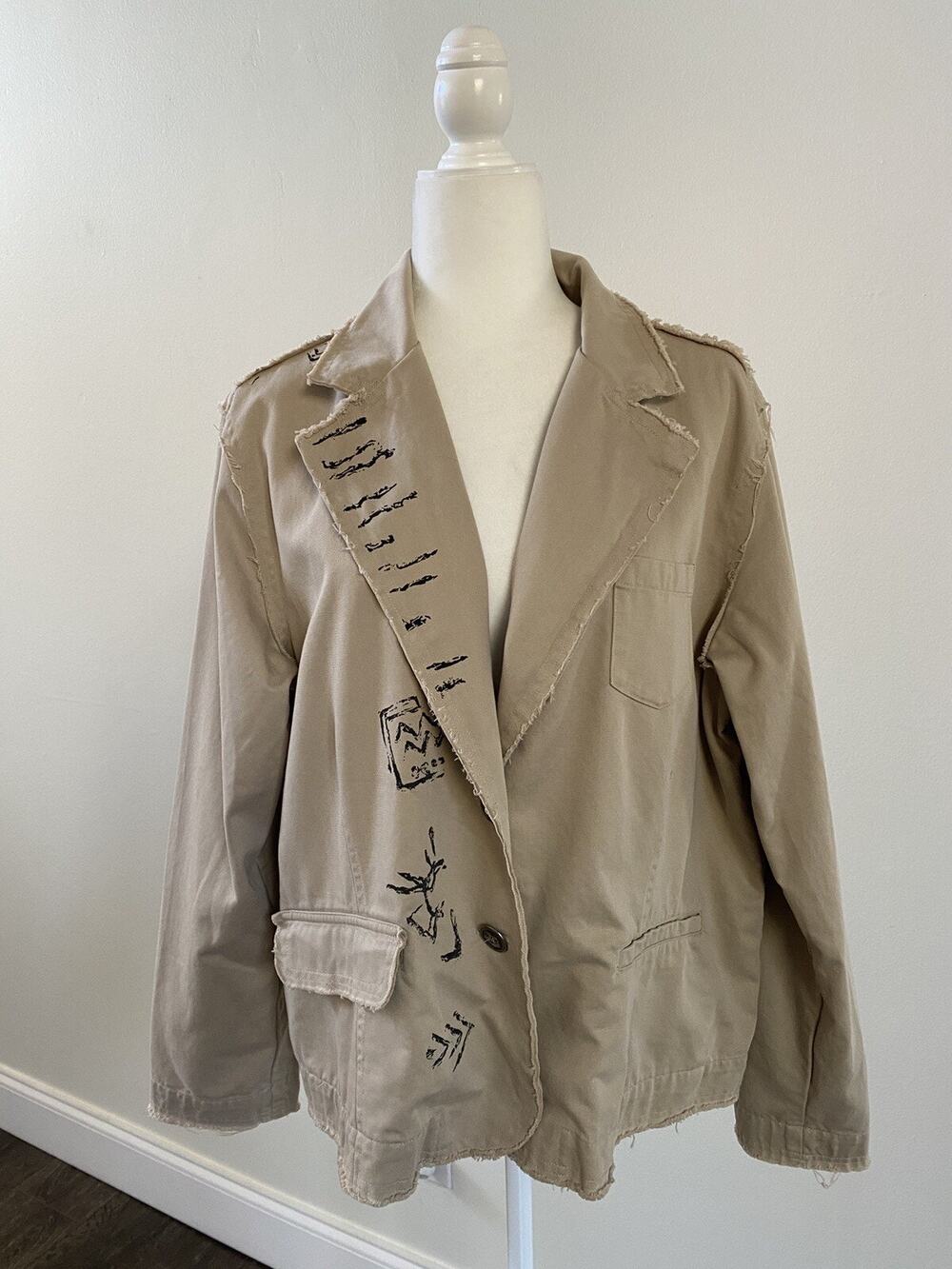 Chico's Women's Sz 3 Beige Casual Cotton Distressed Jacket